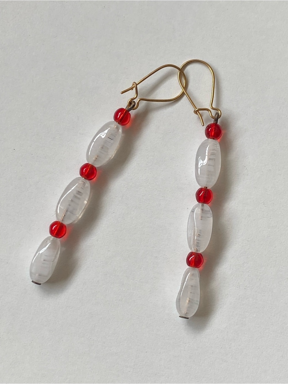 Vintage White and Red Glass Bead Drop Earrings